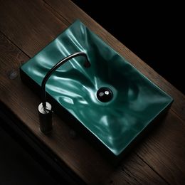 Modern Matte Green Washbasin with Drainers Rectangular Tabletop Basin Ceramic Bathroom Sink Household Products Art Vessel