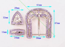 Bling Silver Western Cowboy Rodeo 3PCS Set Flower Embossed DIY Replacement Violet Rhinestone Crystal Belt Buckle Fit 30mm Strap