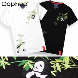 Men's T Shirts 2024 Summer Bamboo Leaf Panda Embroidered Cotton T-shirt Men Women Loose Casual Youth Fashion Short-Sleeved T-shirts