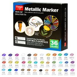 Dual Tip 36 Colors Permanent Metallic Marker Pen for Card Making Rock Painting Album Metal Wood Ceramic Glass Medium & Brush Tip