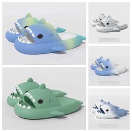 New Luxury Designer Quality shoes sandal Summer Shark Slippers Shark Slides black blue green Thick Soled Shoes men women Kids flat sandals Gradient Flip Flops