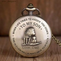 Pocket Watches New Design Creative Lettering To My Son Lion Bear Love Dad Quartz Pocket Men Fob Chain Best Gift For Son and Dad Y240410