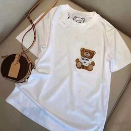 Womens Tops Tees Summer new T-shirt flocking three-dimensional cartoon bear letter embroidery loose short sleeves for men and women OMNL