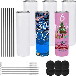 Mugs Pack Of 6 30 Oz Sublimated Glass Tumbler Blanks With Lid And StrawStainless Steel Double Wall Insulated Cup Blanks DIY Durable 240410