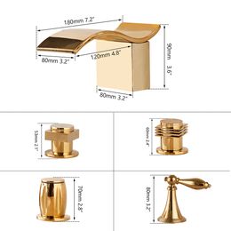 Torayvino Gold Plated 3 Pcs Bathroom Bathtub Faucet Basin Sink Deck Mounted Dual Handles Faucets Hot And Cold Mixer Water Tap