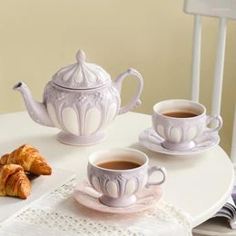 Coffee Pots European-style Ceramic Pot Cup Saucer Upscale Porcelain Relief Teapot Teacup Retro Solid Color Tea Cups Kettle