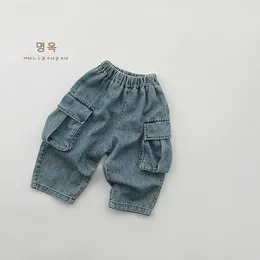 Trousers Kids Pants Children Jeans Spring Korean Loose Pocket Causal Fitting Versatile Boys Girls Baby 2024 Simple