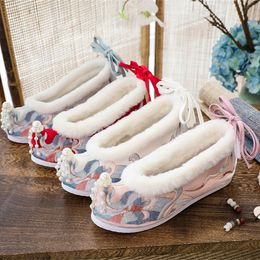 Chinese Traditional Hanfu Shoes Women Hidden Heels Ancient Oriental Wedge Lolita Floral Embroidery Pearls Winter Lace-up Slip-on