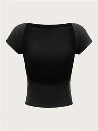 Womens O-neck Backless T-shirt Short Sleeve Solid Colour Crop Top Summer Cute Baby Tee Y2K Clothes Bodycon Tunics Fashion Tank 240410