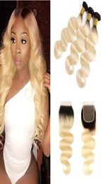 Ombre Brazilian Body Wave Human Hair Bundles with Lace Closure Part Brazilian 1B613 Honey Blonde Virgin Hair Weave with Clo7582961