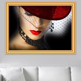 Full Square Diamond Embroidery Portrait Pretty Woman Red Hat &Red Lips 5D Diamond Painting Mosaic Picture of Rhinestones Decor