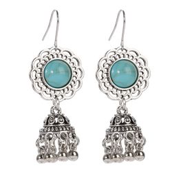 Ethnic Vintage Women's Square Jhumka Earrings Indian Jewelry Silver Color Tassel Dangling Earrings Turquoises Turkey Jewelry