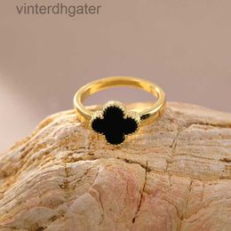 High quality VVS diamond vanclef clover rings women High Version v Golden Lucky Clover Ring Real Gold Electroplated Non Fading Senior Jewelry with brand box