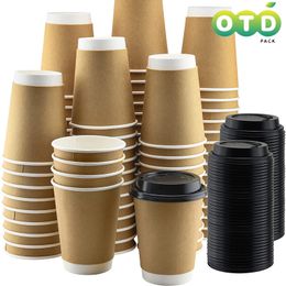 Double-Walled Paper Cup with Lids,Coffee Tea Hot Drinks Disposable Cups To Go Cups