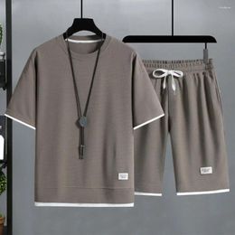 Men's Tracksuits Comfortable Sportswear Set O-neck Short Sleeve T-shirt Wide Leg Shorts With Elastic Drawstring Waist Waffle Texture