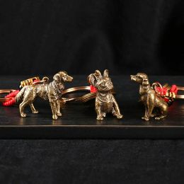 Brass Animal Dog Puppy Bulldog Keyring Lanyard Pendant Handmade Rope Chinese Five Emperor Coins Feng Shui Car Key Chain Hangings