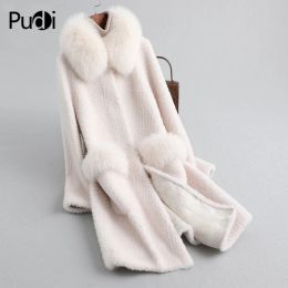 Jackets A19038 Pudi Women Real Wool Fur Coat Jacket Winter Warm Female Real Sheep Shearing Over Size Parka with Real Fox Fur Collar