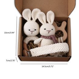 4pcs Handmade Crochet Baby Rabbit Stuffed Dolls Newborn Bunny Rattle Toy Wooden Teething Ring Pacifier Chain Clips