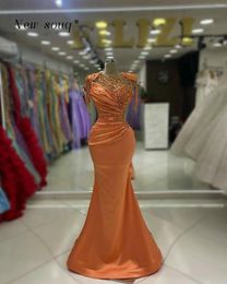 Party Dresses 2024 Elegant Long Orange Mermaid Satin Evening For Women Classy Pearls Beaded Formal Wedding Guest Prom Gowns