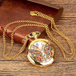 Pocket Watches Gold Butterfly Crystal Diamond-encrusted Quartz Watch For Women Retro Fob Chain Clock Charm Pendant Top Luxury