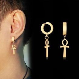 Stud Clip On Non Piercing Men's Drop Cross Earrings Stainless Steel Egyptian Ankh Dangle Punk Jewelry263Y