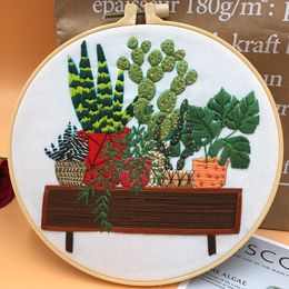 DIY Stamped Embroidery Starter Kit With Pot Plant Pattern for Beginners Starters DIY Sewing Crafts Colour Threads Tools Kit