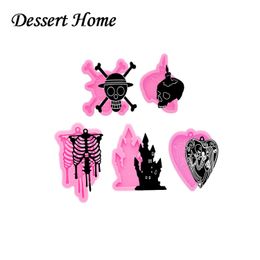 DY0610 Glossy Resin Halloween Skull/Coffin/Tombstone/Witch/Castle Molds for Keychain DIY Epoxy, Fondant Chocolate Cake Molds