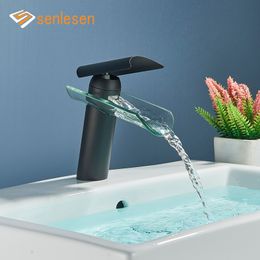 Senlesen Waterfall Basin Faucet Matte Black Brass With Glass Bathroom Sink Faucet Deck Mounted Hot Cold Water Mixer Tap Crane