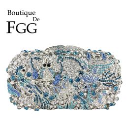 Boutique De FGG Light Blue Spahire Bird & Flower Women Crystal Clutch Evening Bags Wedding Bridal Animal Rhinestone Handbags