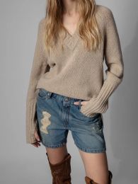 Autumn Winter 100% Wool Sweater for Women V-neck Back Letter Jacquard Simple Jumper Cuffs Slit 2022 New