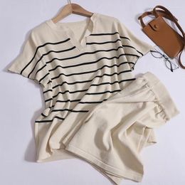 Women's Tracksuits Women Summer Retro Striped Short Sleeved Knit T-shirt Elastic Band Wide Leg Shorts Casual Comfortable Loose Two Piece Set