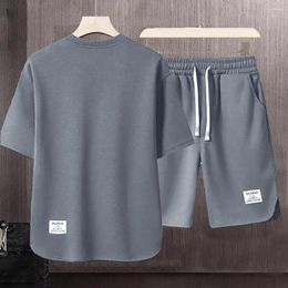 Men's Tracksuits Korean Fashion Two Piece Set Men Summer Casual Outfit O-neck Short Sleeve T-shirt Elastic Drawstring Waist Wide Leg Shorts