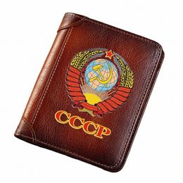 high Quality Genuine Leather Wallet CCCP Soviet Badges Sickle Hammer Printing Standard Purse BK027 x0Y0#