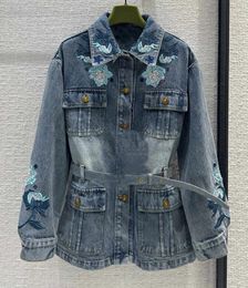 Women's Suits 2024 Spring Summer Arrival Denim Cotton Floral Embroidery Designer Jacket Outwear Brand Clothing For Women