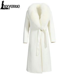 Luxyonuo 2022 Real Fur Collar Double Faced Cashmere Wool Long Trench Coat Winter Jacket Women Outerwear Ladies 2022 New Fashion