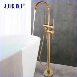 JIENI Brushed Gold High Rise Round Pipe Bath Mixer Floor Mounted Bathtub Filler Shower Roman Tub Faucet Set Floor Stand Shower