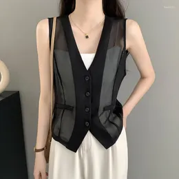 Women's Vests #0737 Black Mesh Perspective Vest Women V-neck Single Breasted Short Sleeveless Waistcoat Thin Sexy Outerwear Femme