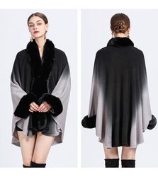 6 Gradient Colors Women Long Faux Rabbit Fur Collar Poncho Cape Knitted Cardigan Outstreet wear Loose Cloak Batwing Sleeves Coat