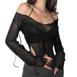 Xingqing Sexy Women Mesh Long Sleeved T Shirt with Adjustable Straps Black See Through V Neck Split Tops Ladies Summer Clothing