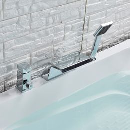 Deck Mount 3PCS Waterfall Bathtub Faucet Single Handle Handheld Tub Mixer Taps Chrome Widespread Tub Sink Tap