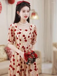 Party Dresses Harajpee 2024 Bride Wine Red Dress Luxury Flower Engagement Square Collar Weekdays Beautiful Romantic Chic Vestido