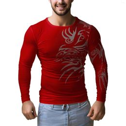 Men's T Shirts Men Print O-Neck Long Sleeve Elastic Slim Fit Elegant Tops Clothes Summer Streetwear Vacation Sports Stretch Garment