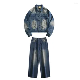 Men's Tracksuits Washed Denim Suit High Street Turndown Collar Single Breasted Jacket Long Straight Jeans Loose Cowboy Two-piece Sets