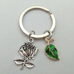 Cute Keychain Rose Flower Leaves Key Ring Fairy Tale Key Chains Valentine Day Gifts For Women Girls Handbag Accessorie Jewellery