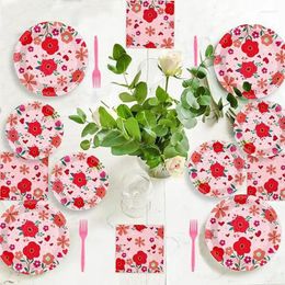 Dinnerware Sets 96 Pieces Valentine's Day Tableware Set Color Printing Waterproof Plates Napkins Forks Arrangement Party Supplies