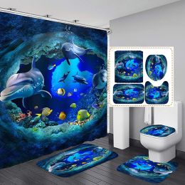 Stands Cute Dolphin Print Shower Curtain Set Carpet Cover Toilet Cover Bath Mat Pad Set Bathroom Curtain with 12 Hooks Home