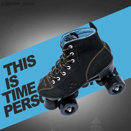 Inline Roller Skates Black Lether Double Row Roller Skates Shoes With PU Wheel Lace-Up Outdoor Patines Shoes Woman Man Training Shoes Y240410