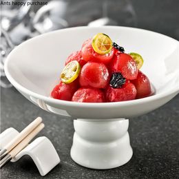 Pure White Ceramic Plate Round Tall Feet Refreshment Tray Dinner Plate Cake Pan Dessert Plate Fruit Tray Salad Bowl Tableware