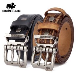 BISON DENIM Men Belts Cow Split Genuine Leather Pin Buckle Business Waist Straps Retro Pin Buckle Fancy Male Belt For Jeans 240322