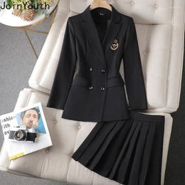 Work Dresses Temperament Skirt Outfits Korean Chic 2 Piece Set Women's Clothing Double-breasted Tunic Jackets High Waist Pleated Mini Skirts